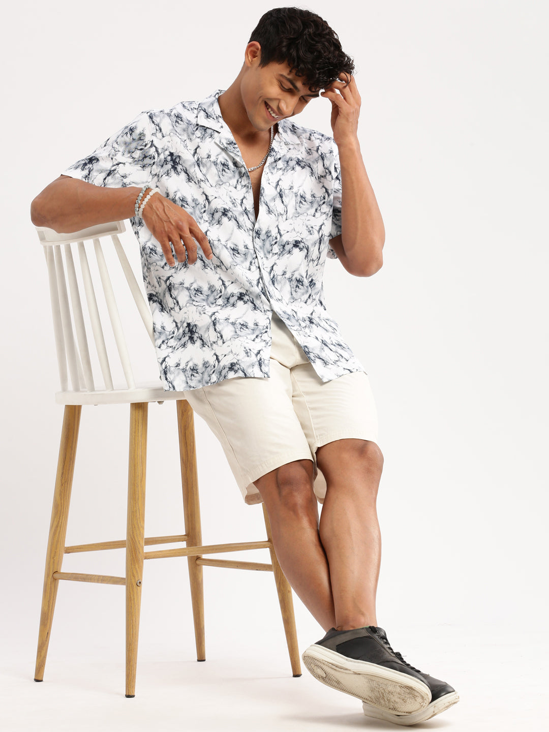 Men's White Cuban Collar Abstract Shirt