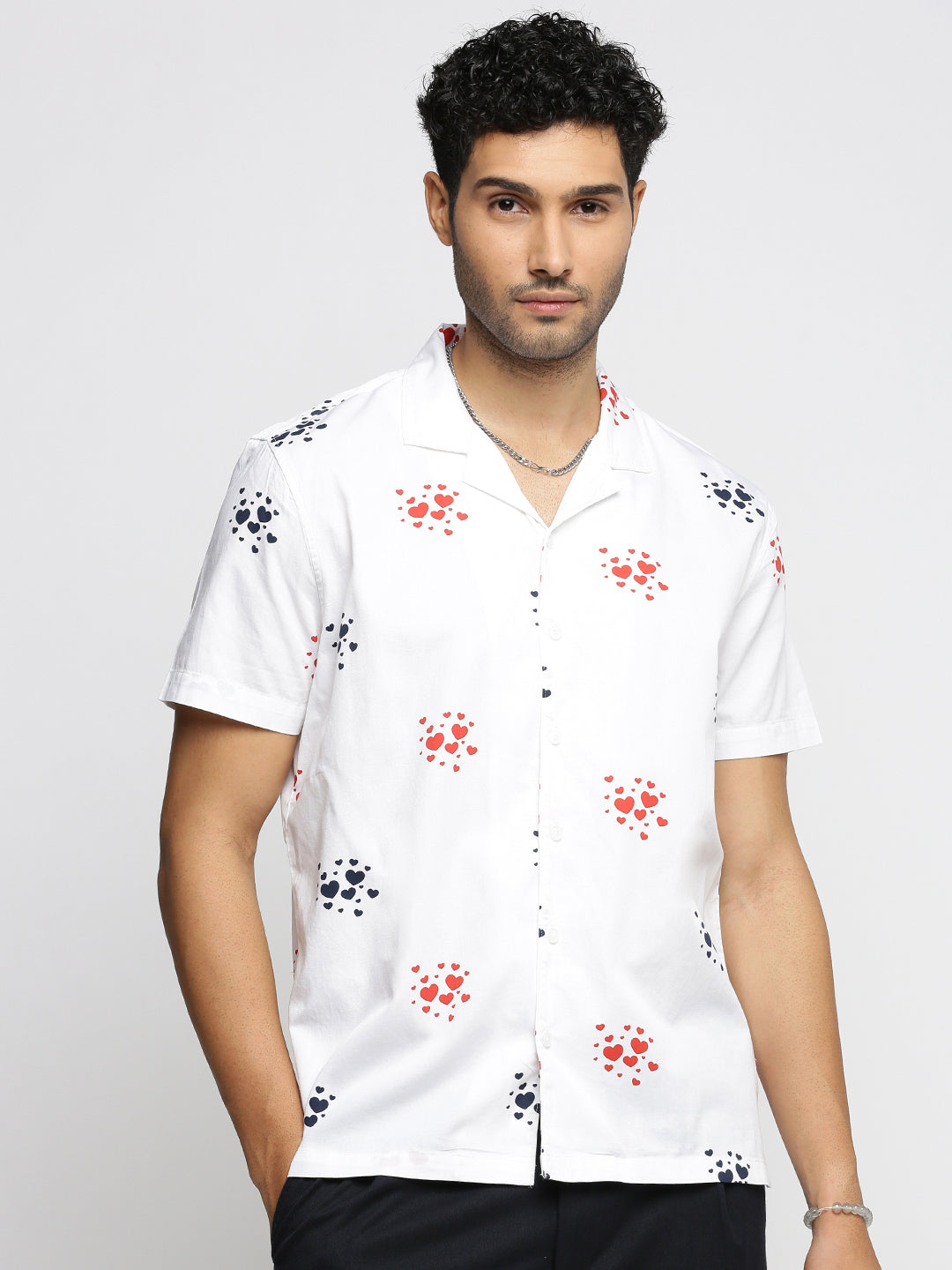 Men White Cuban Collar Graphic Shirt