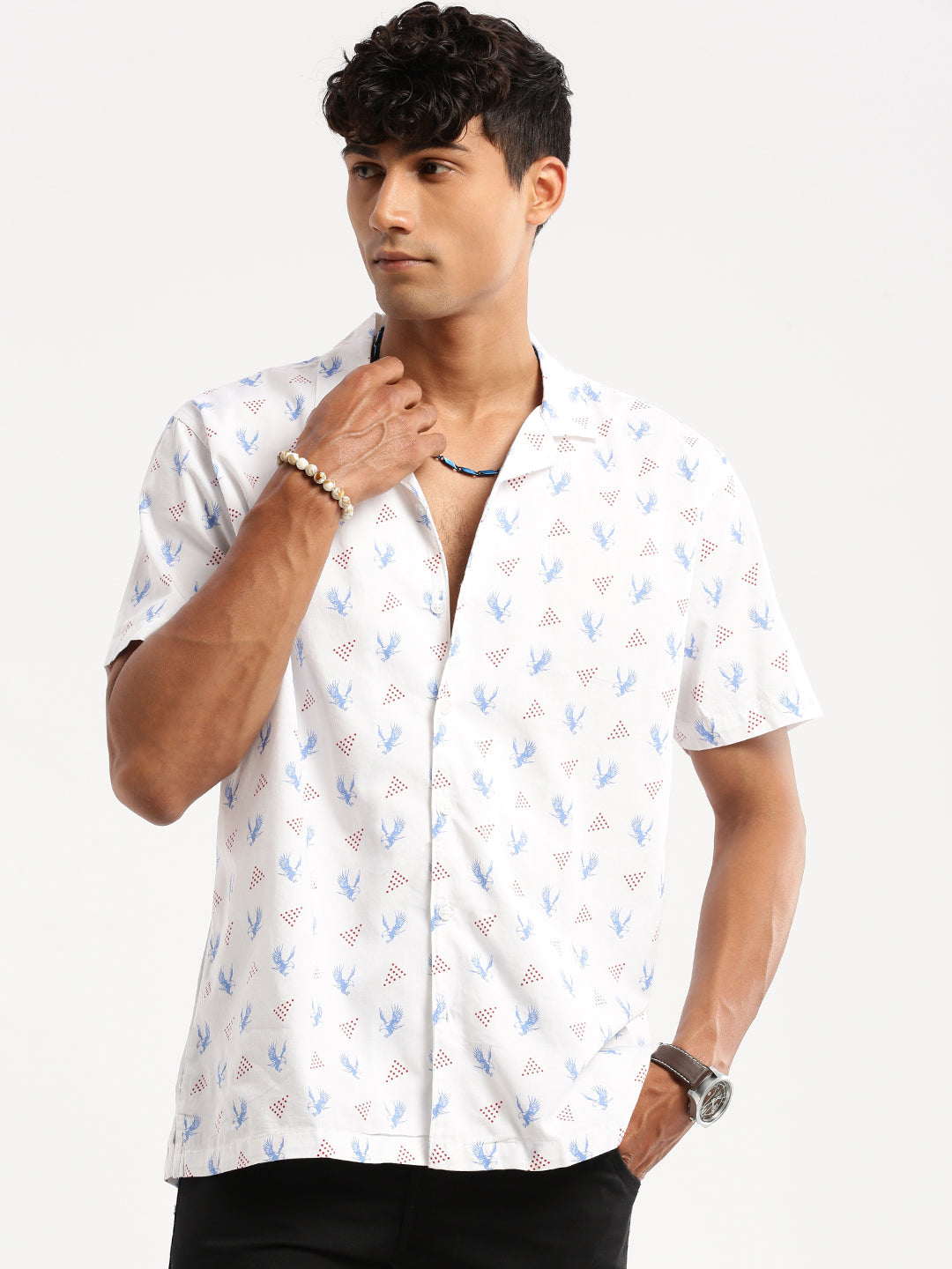 Men White Cuban Collar Graphic Shirt