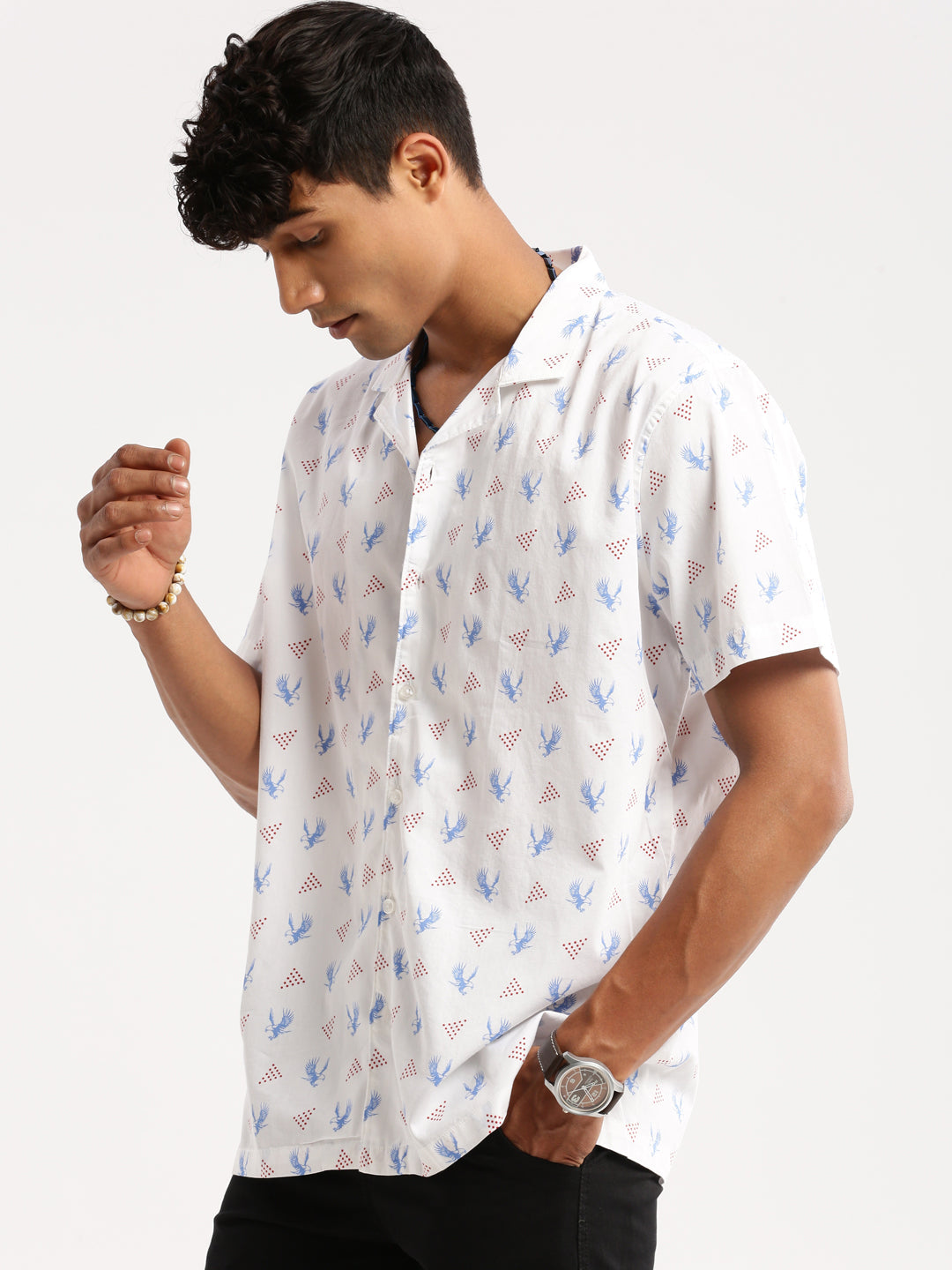 Men White Cuban Collar Graphic Shirt