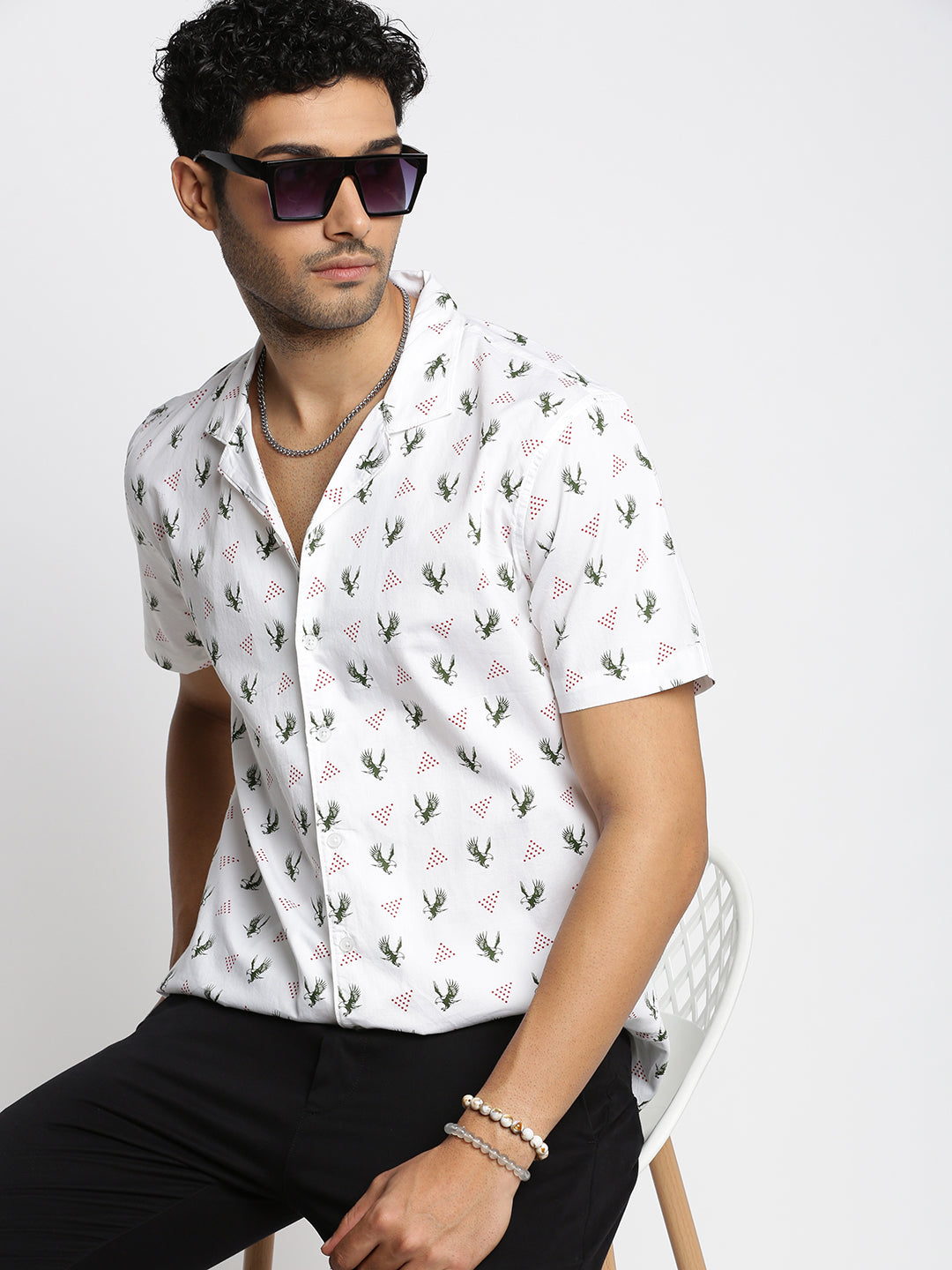 Men White Cuban Collar Graphic Shirt