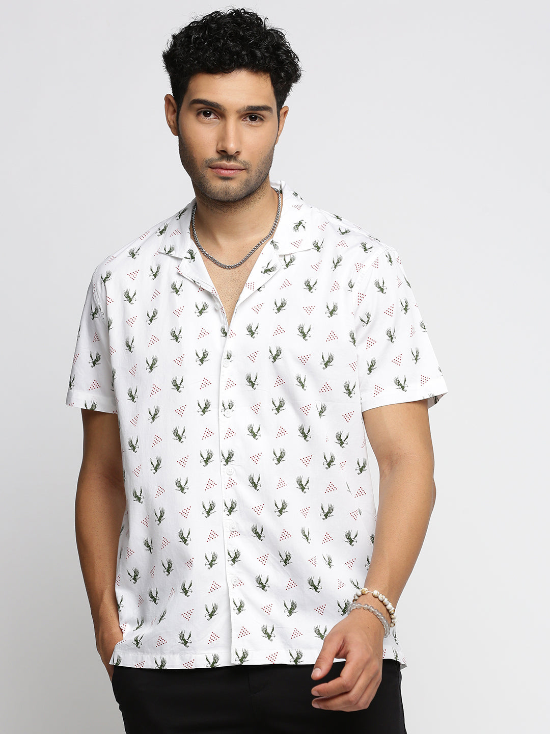 Men White Cuban Collar Graphic Shirt