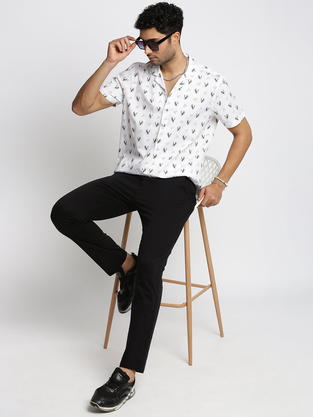 Men White Cuban Collar Graphic Shirt