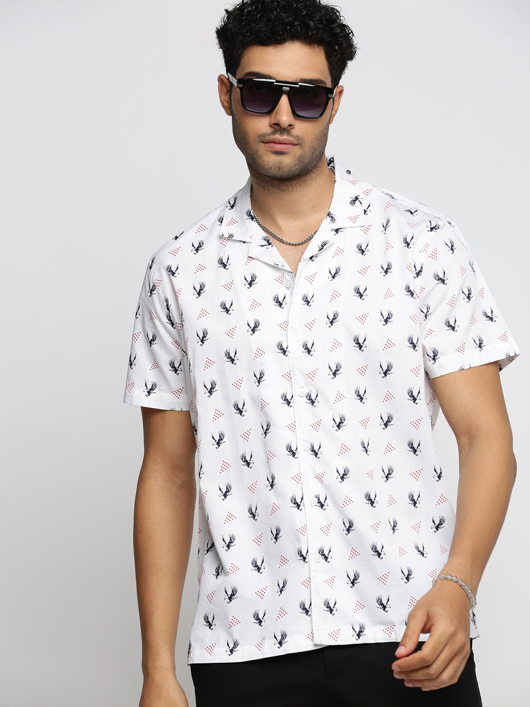 Men White Cuban Collar Graphic Shirt