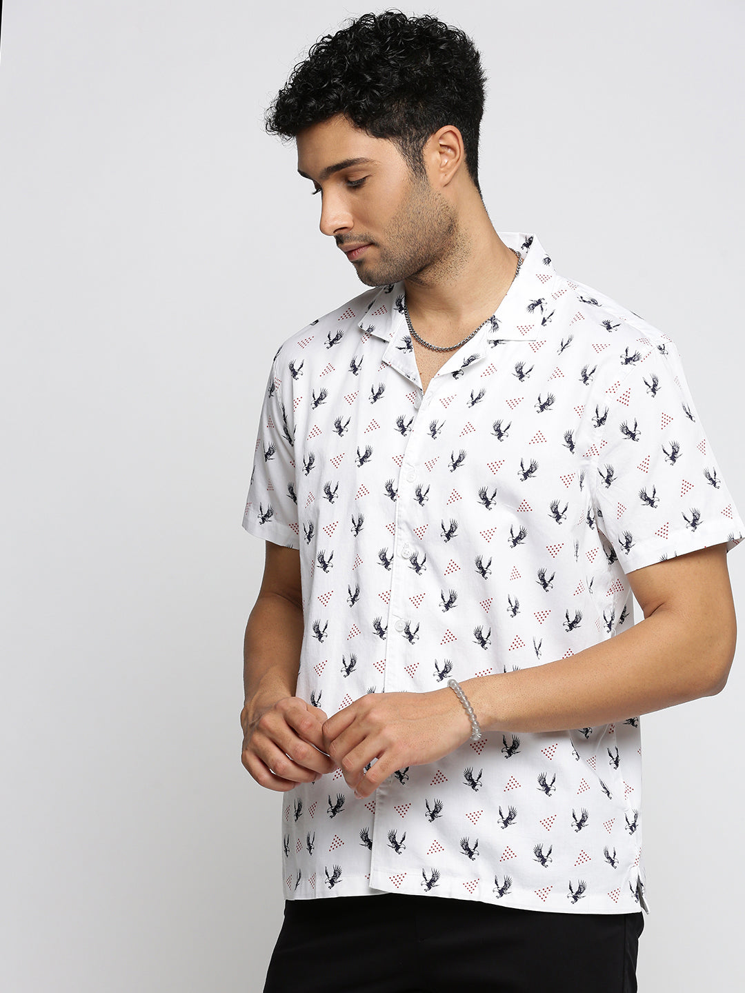 Men White Cuban Collar Graphic Shirt