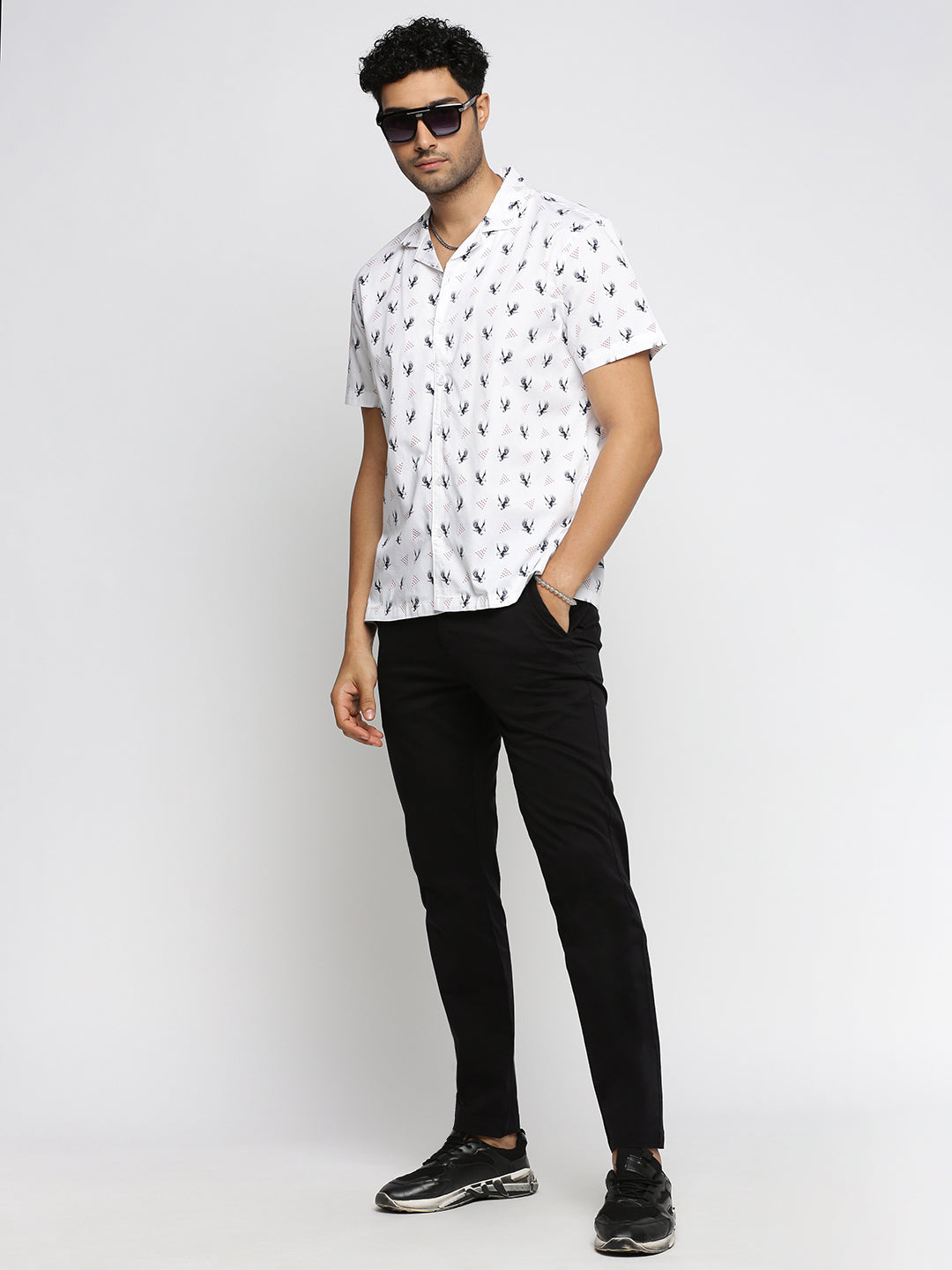 Men White Cuban Collar Graphic Shirt