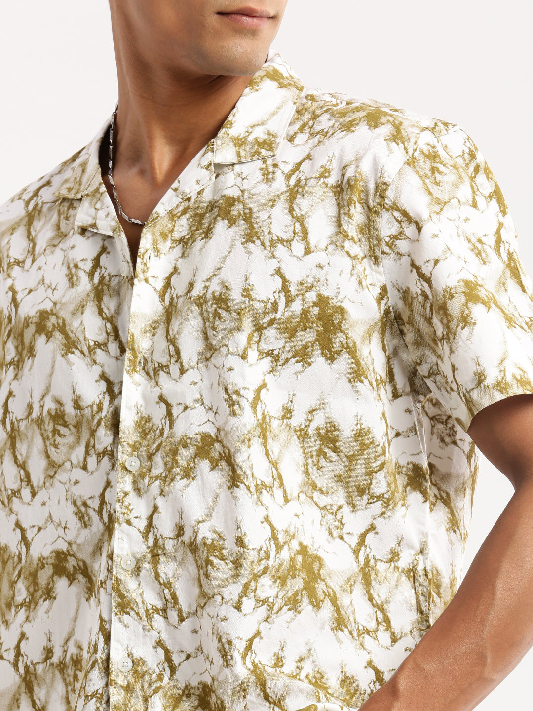 Men White Cuban Collar Abstract Shirt