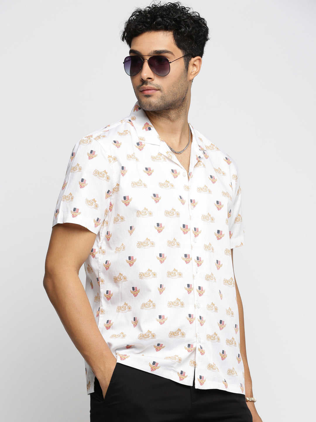 Men White Cuban Collar Graphic Shirt