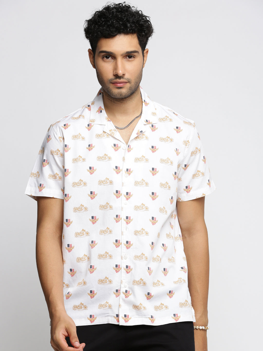 Men White Cuban Collar Graphic Shirt