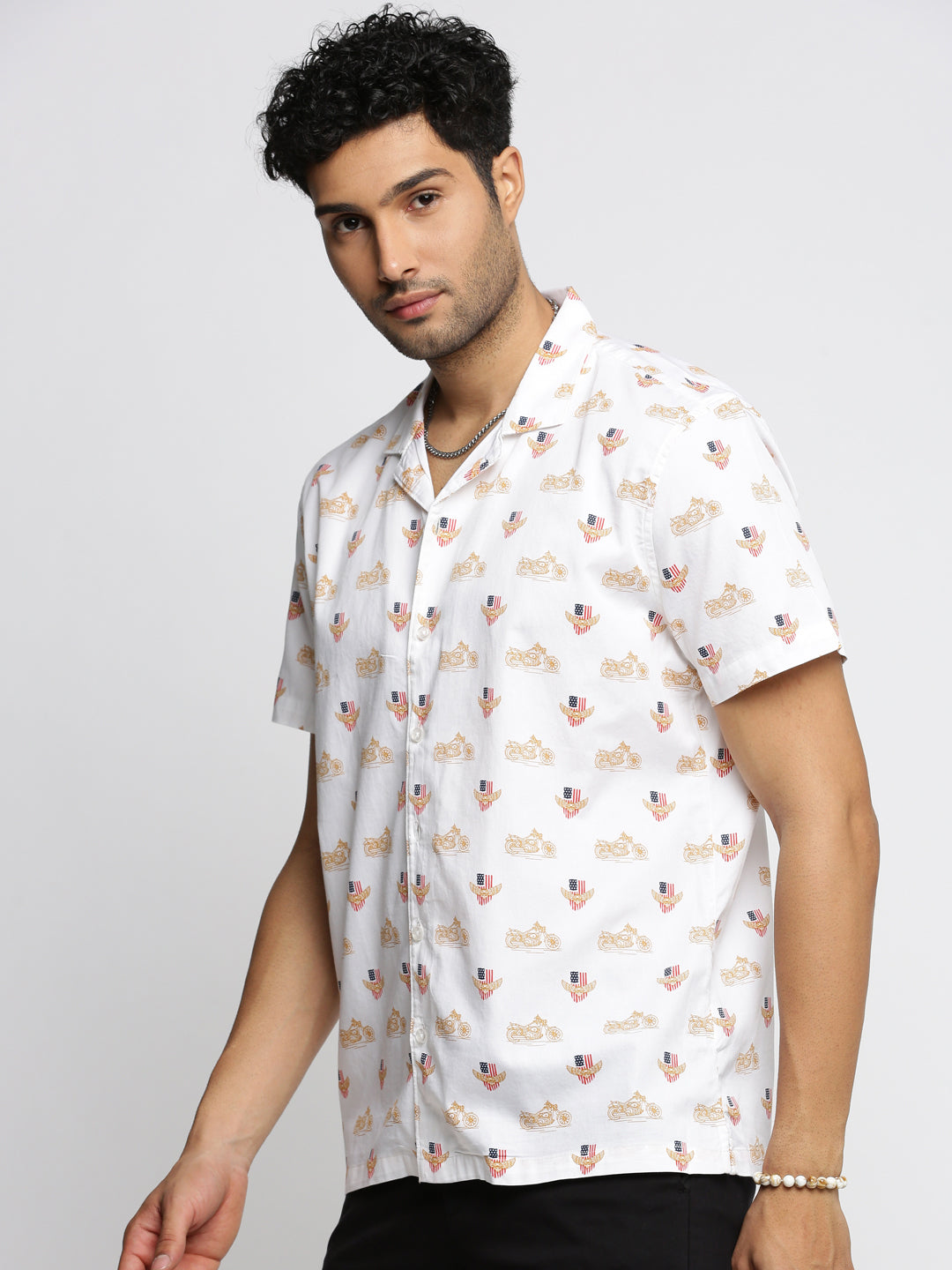 Men White Cuban Collar Graphic Shirt