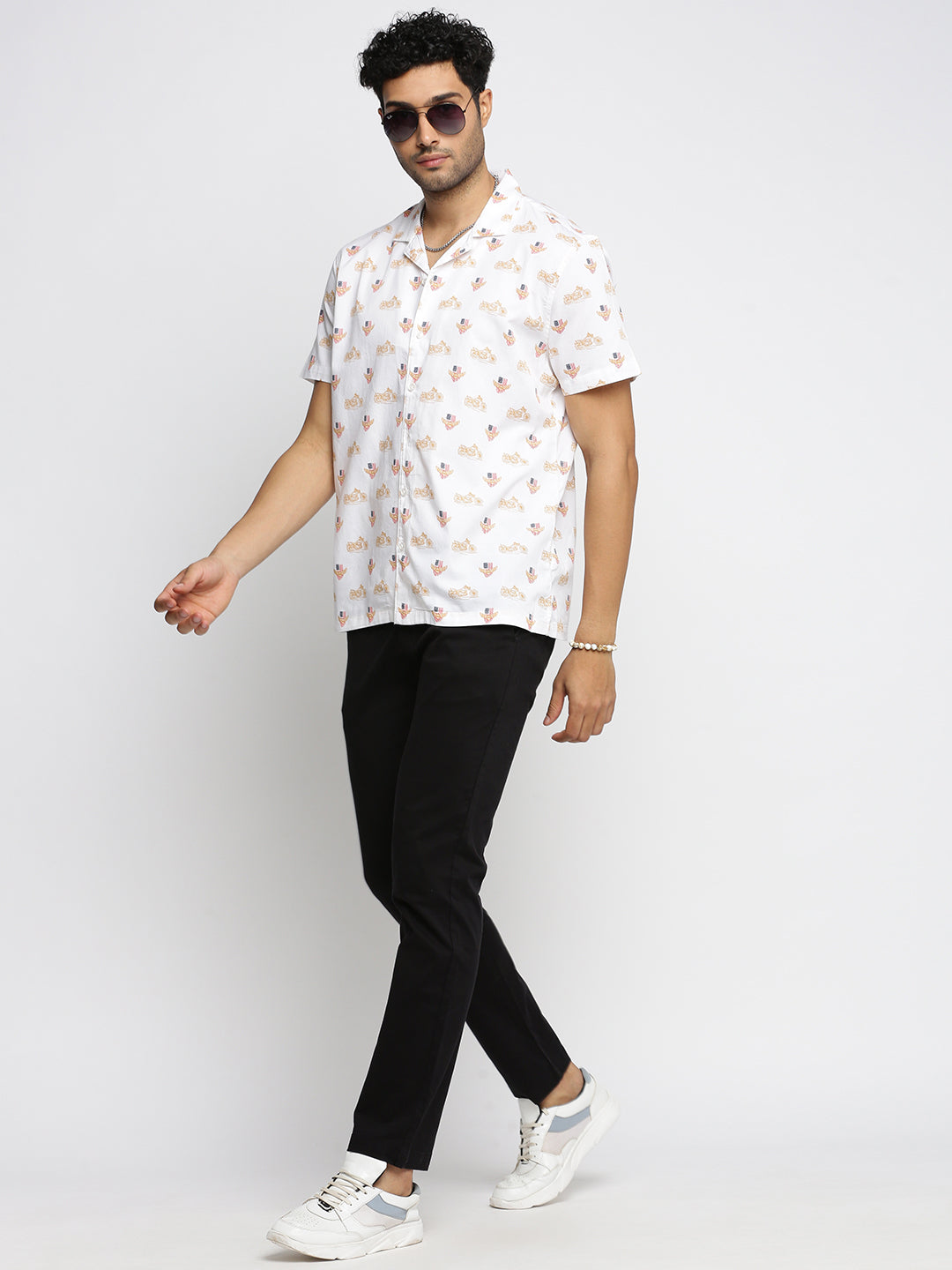 Men White Cuban Collar Graphic Shirt