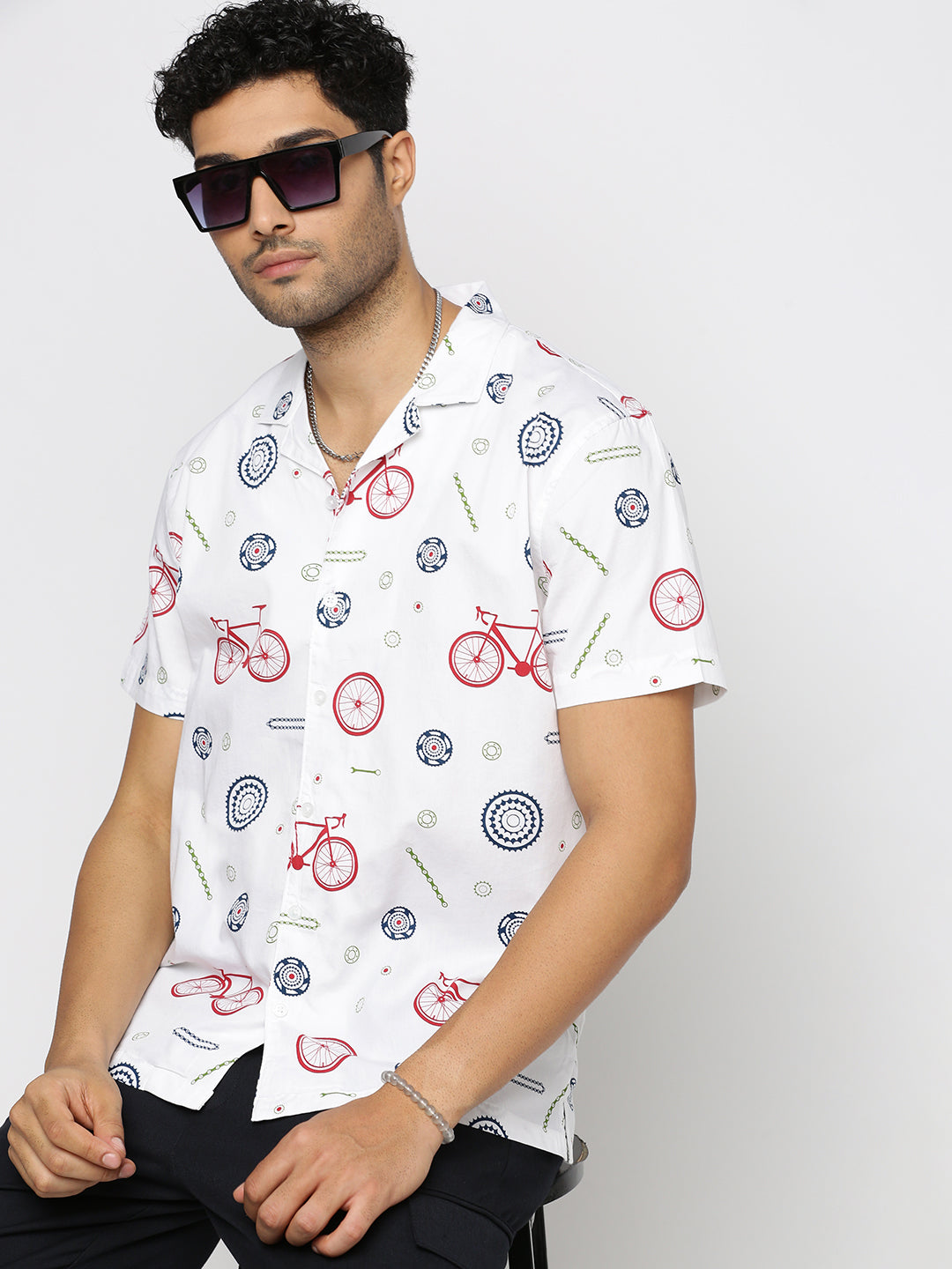 Men White Cuban Collar Graphic Shirt