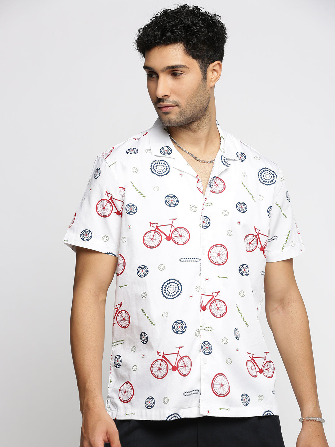 Men White Cuban Collar Graphic Shirt