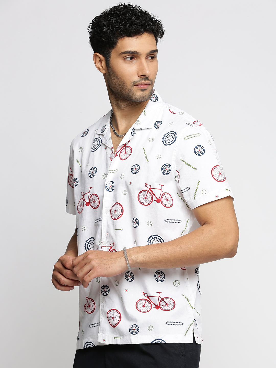 Men White Cuban Collar Graphic Shirt