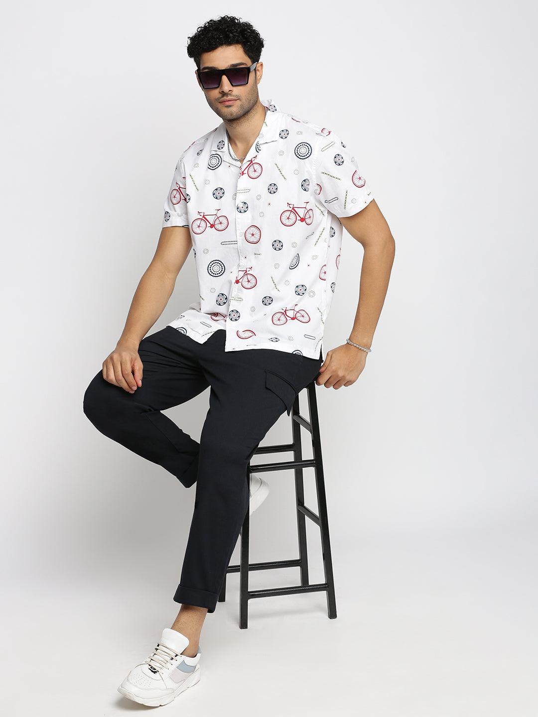 Men White Cuban Collar Graphic Shirt