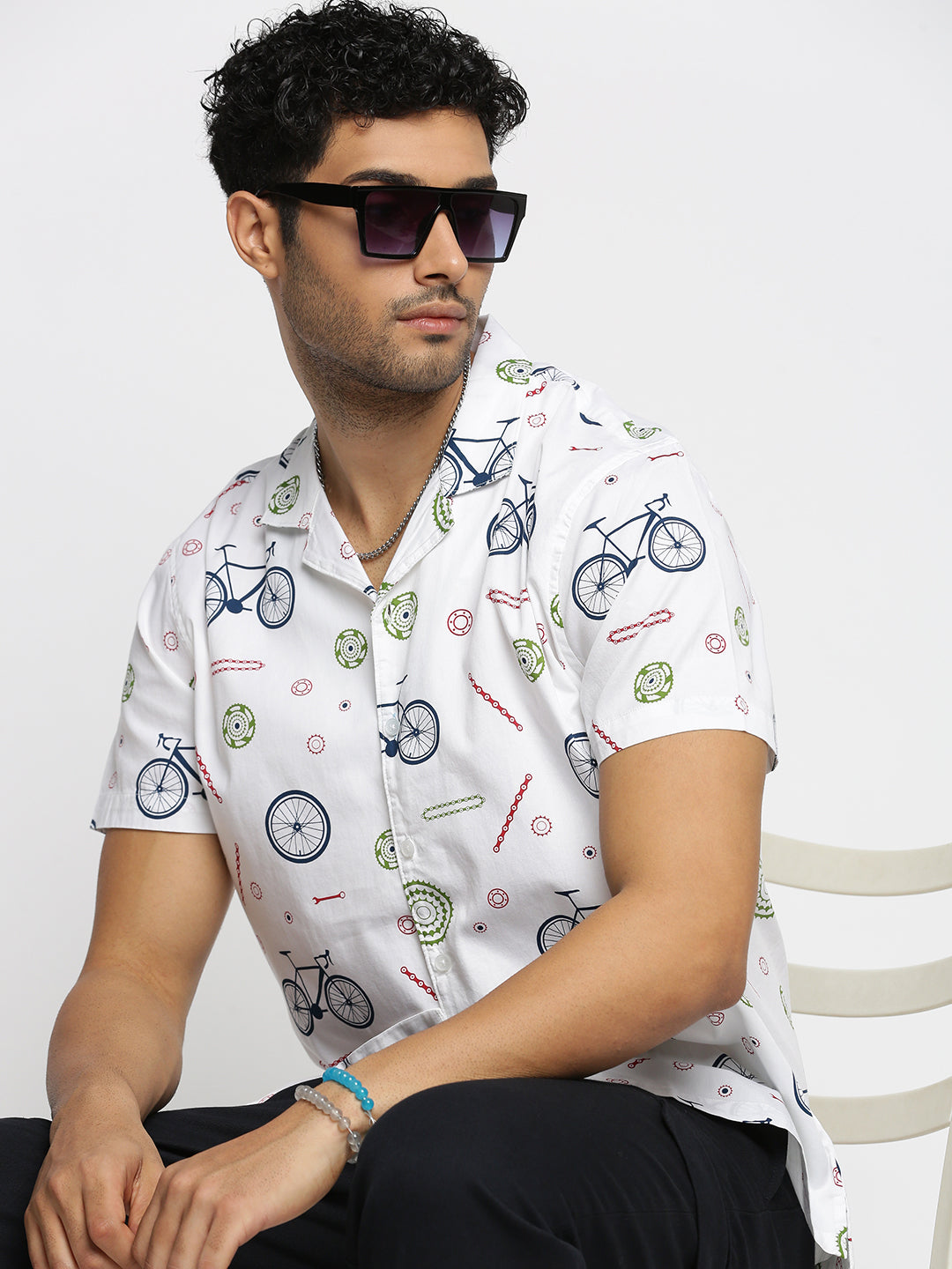 Men White Cuban Collar Graphic Shirt