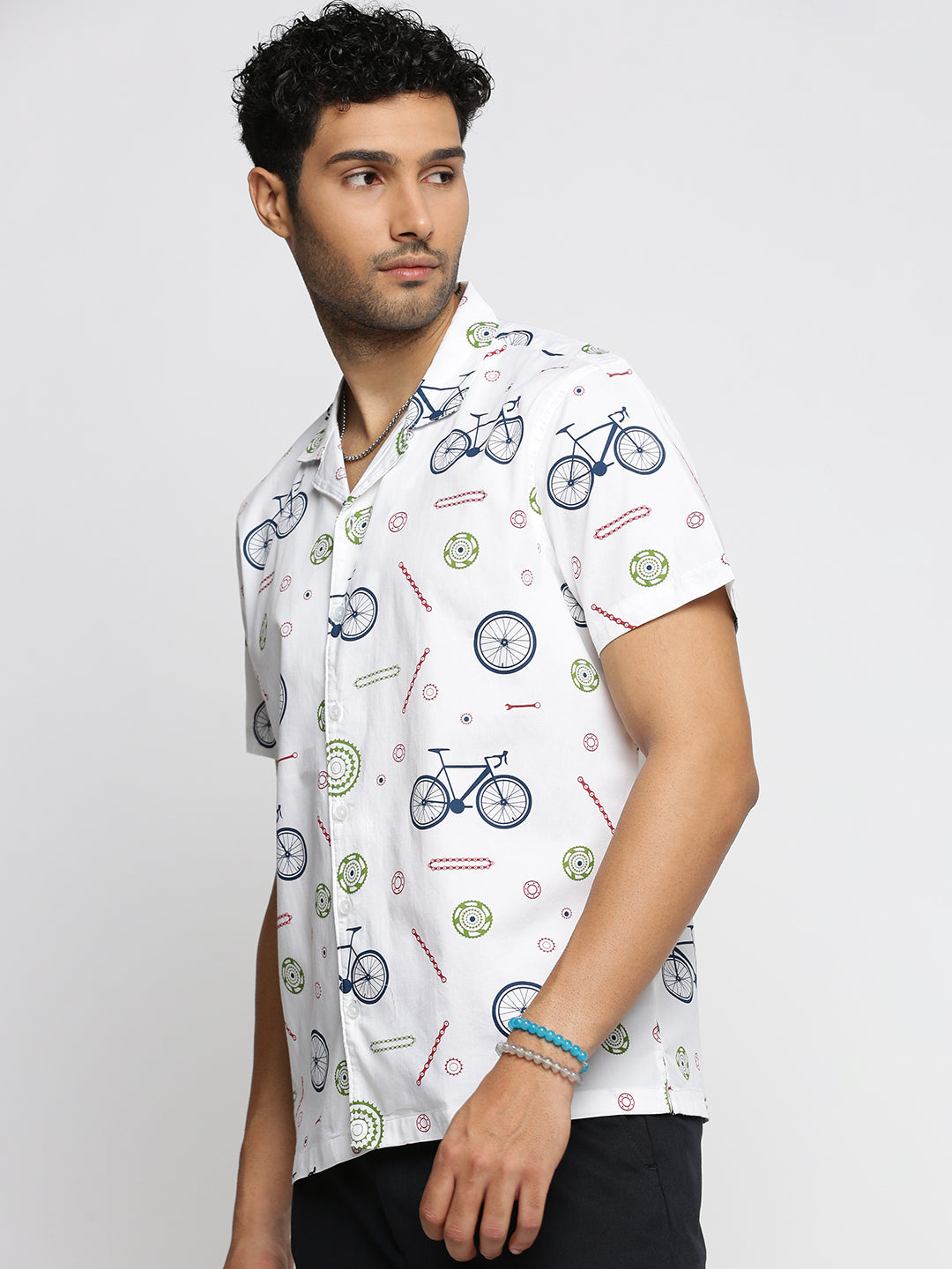 Men White Cuban Collar Graphic Shirt