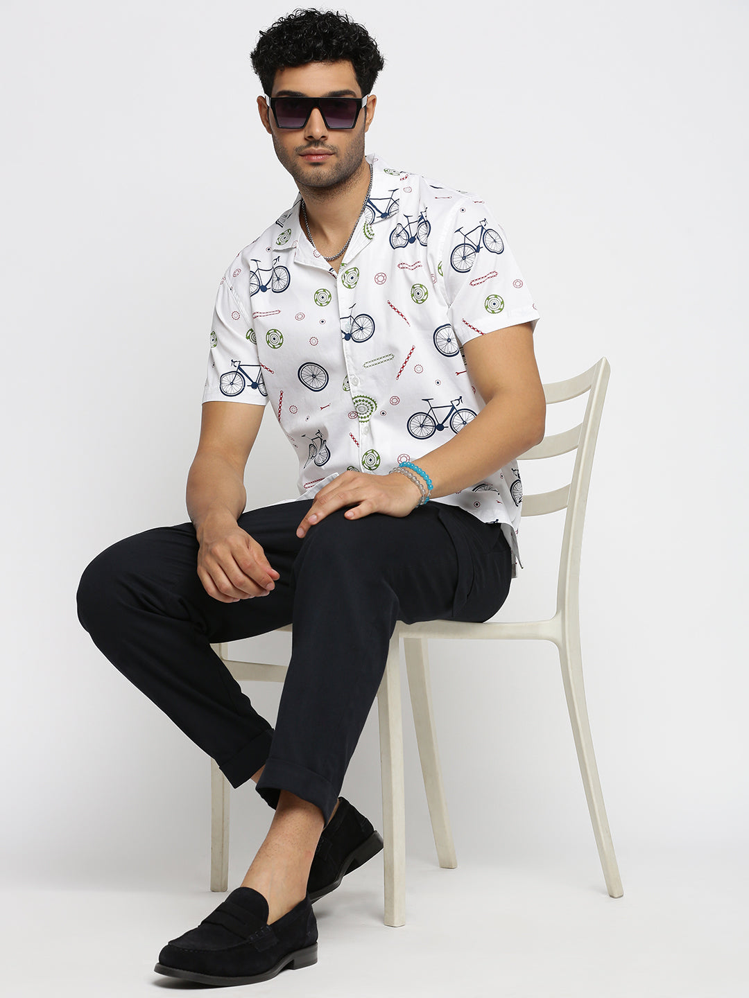 Men White Cuban Collar Graphic Shirt