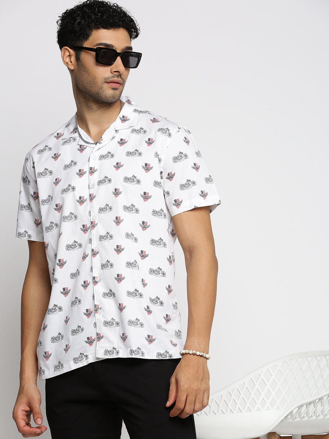 Men White Cuban Collar Graphic Shirt