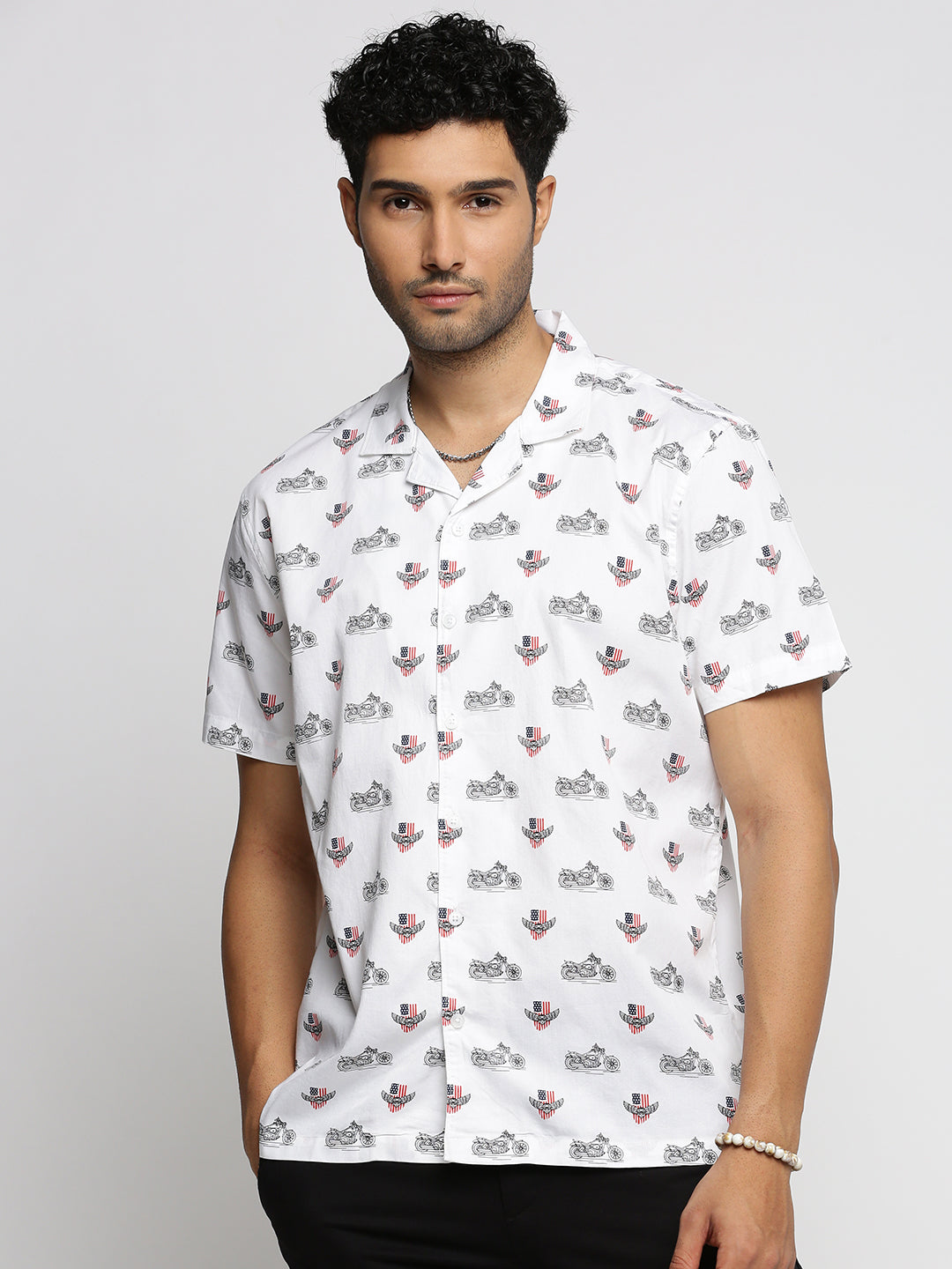 Men White Cuban Collar Graphic Shirt