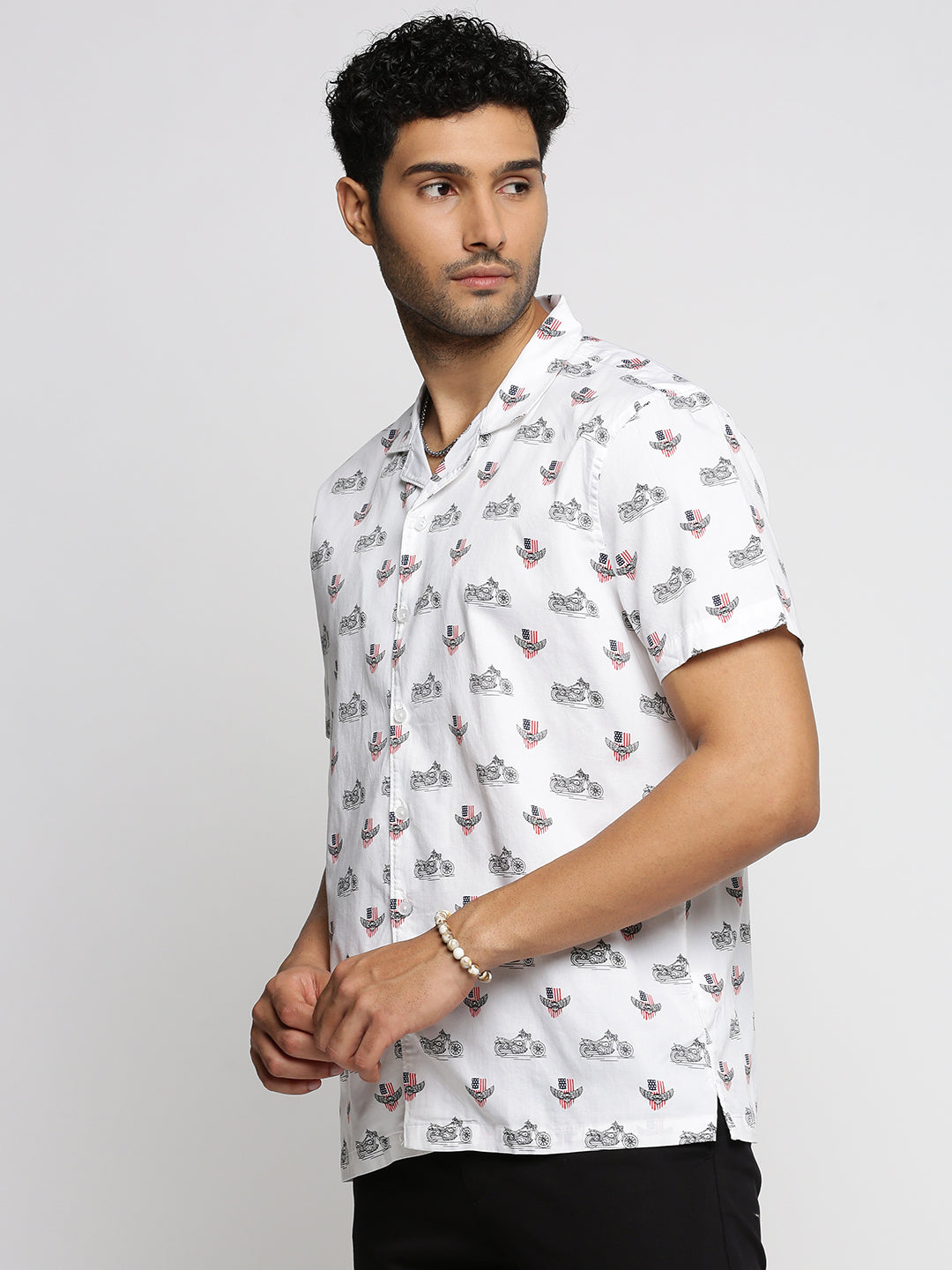 Men White Cuban Collar Graphic Shirt