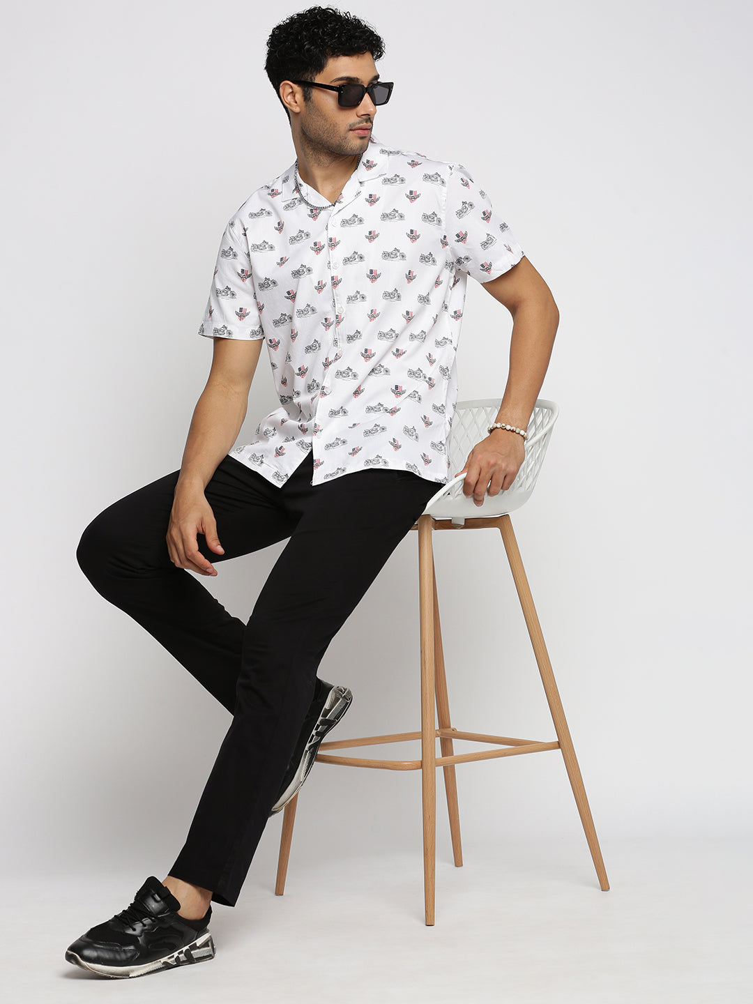 Men White Cuban Collar Graphic Shirt