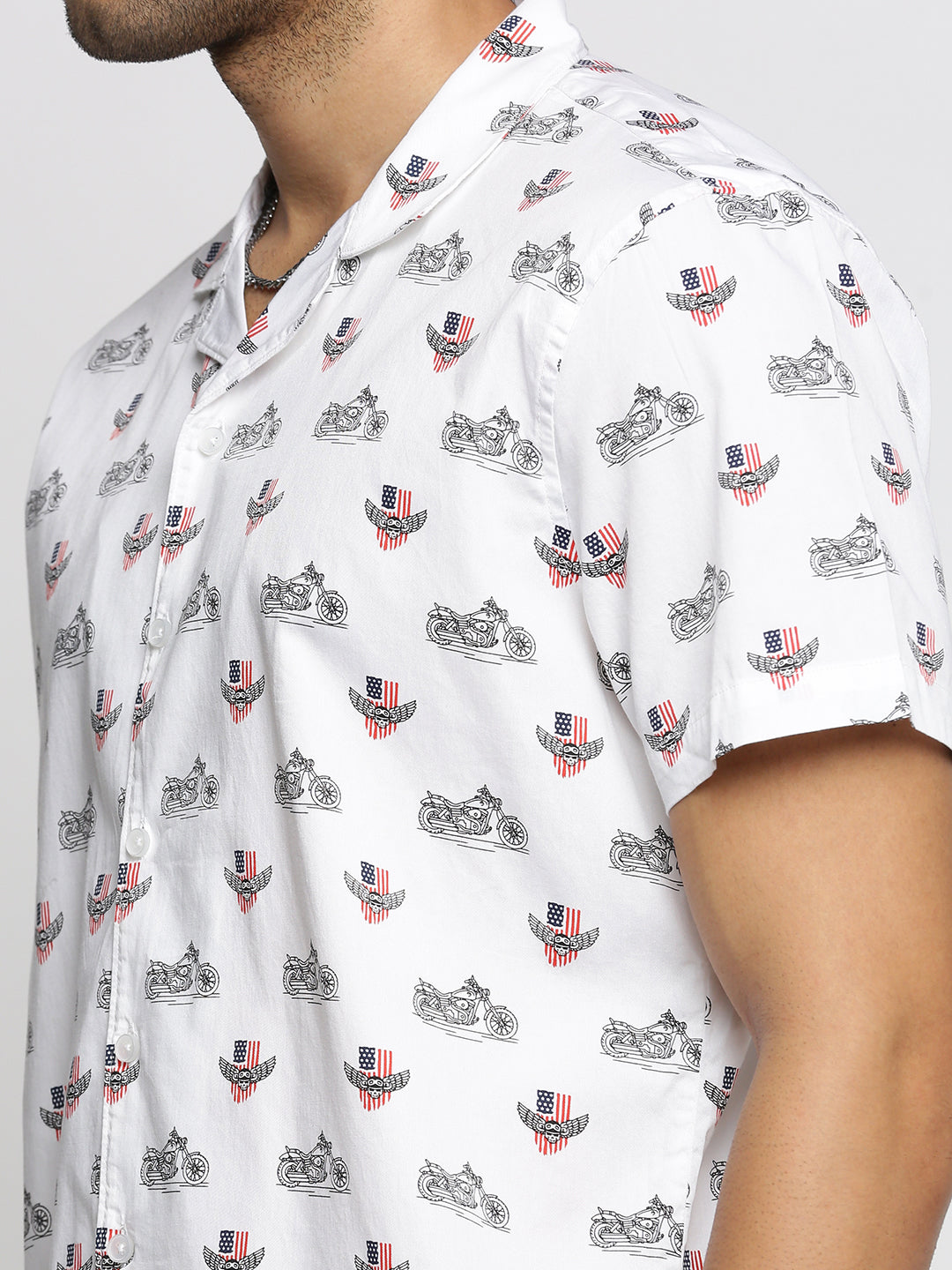 Men White Cuban Collar Graphic Shirt