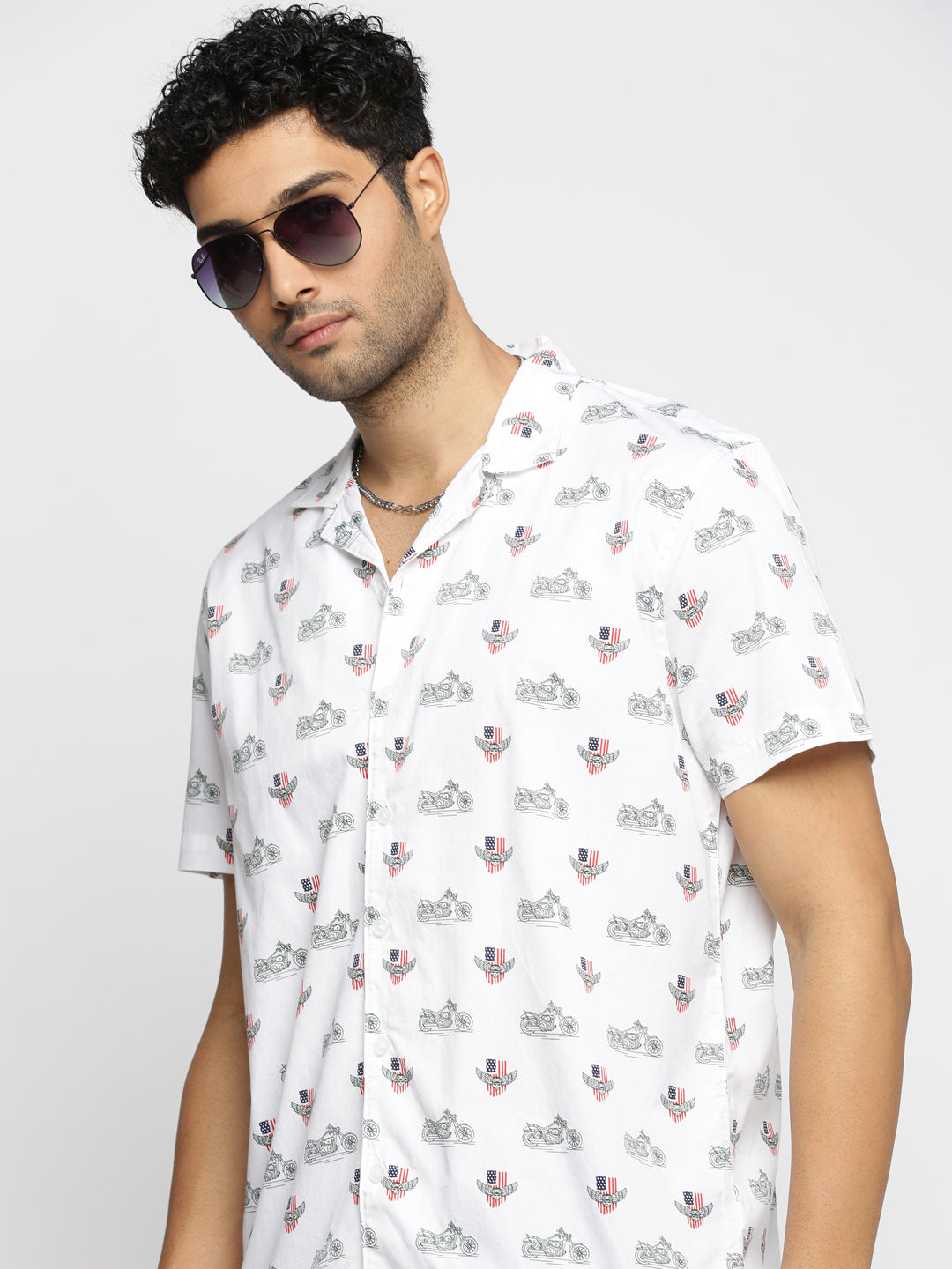 Men White Cuban Collar Graphic Shirt