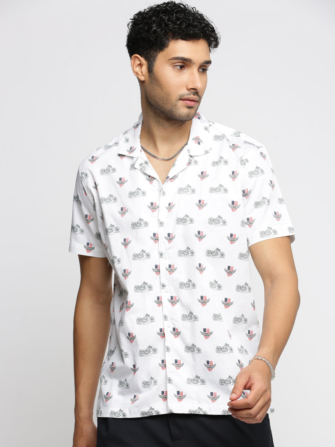 Men White Cuban Collar Graphic Shirt