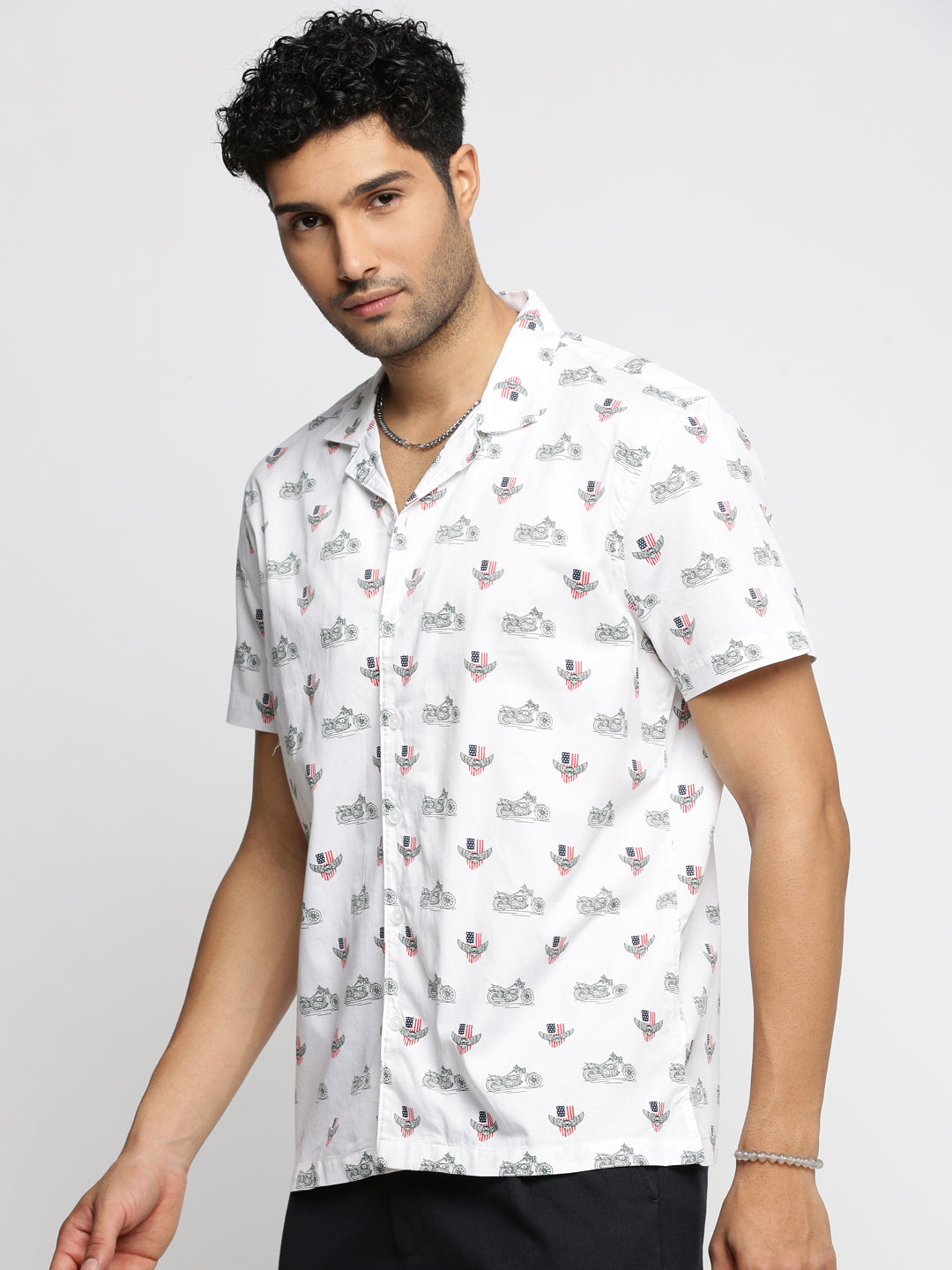 Men White Cuban Collar Graphic Shirt