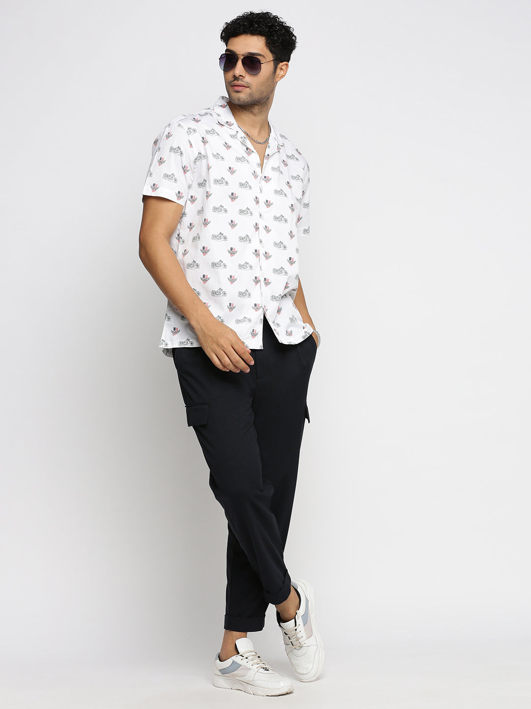 Men White Cuban Collar Graphic Shirt