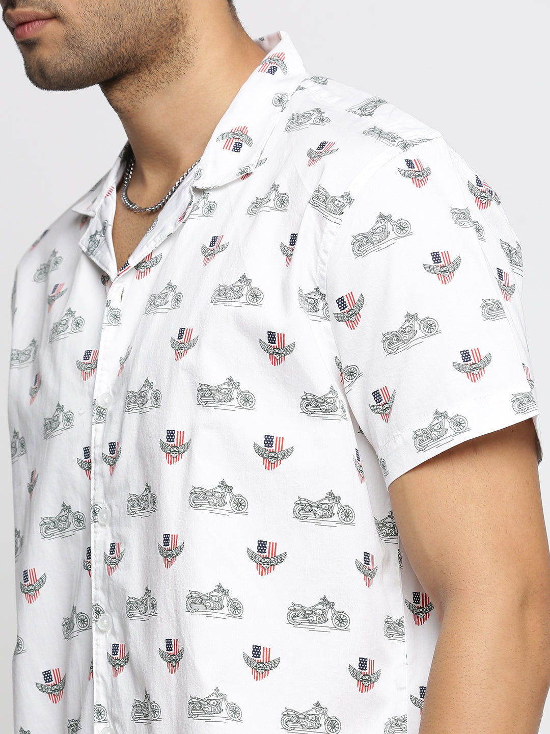 Men White Cuban Collar Graphic Shirt