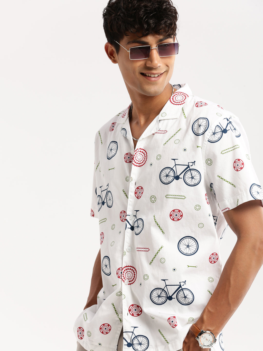 Men White Cuban Collar Graphic Shirt