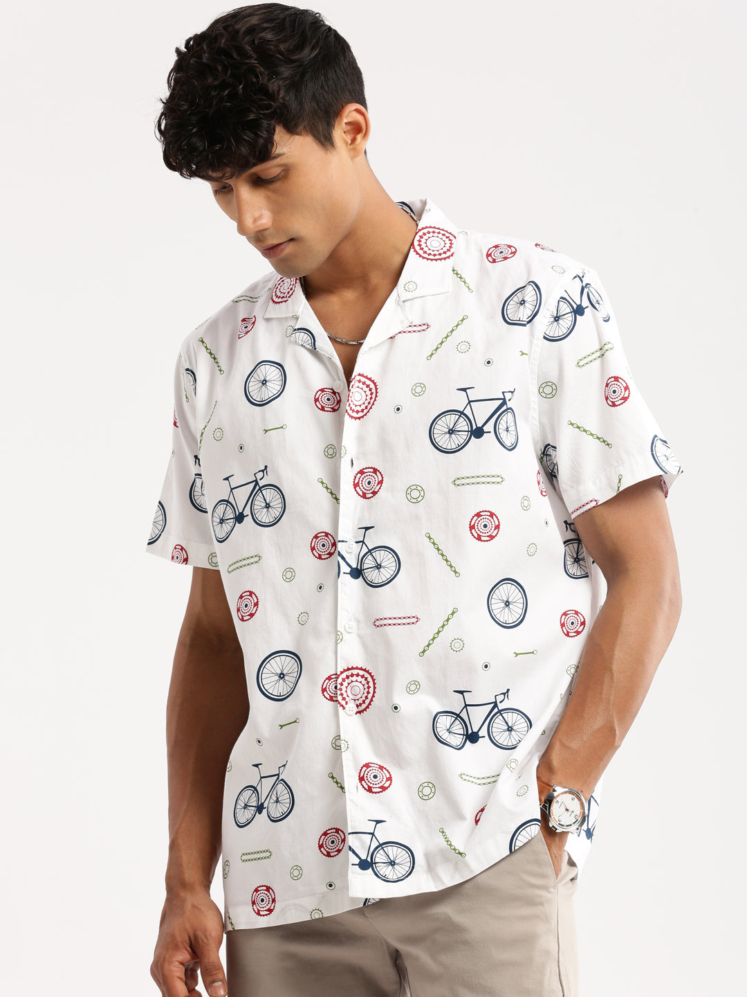 Men White Cuban Collar Graphic Shirt