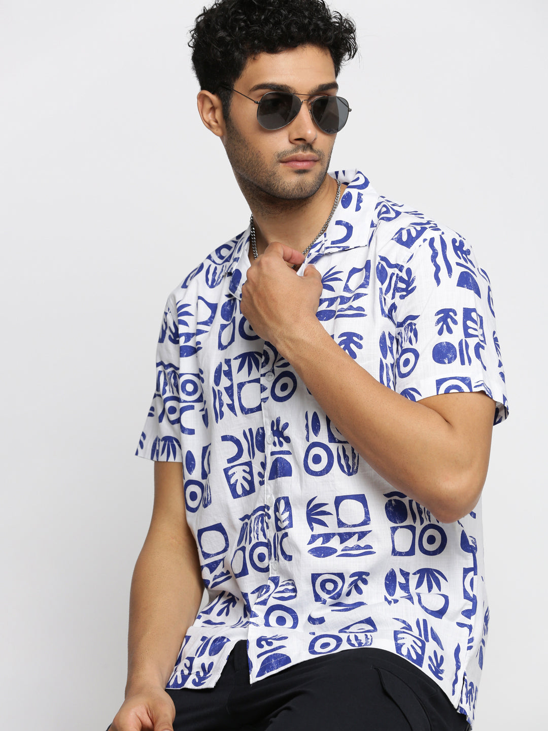 Men White Cuban Collar Geometric Shirt