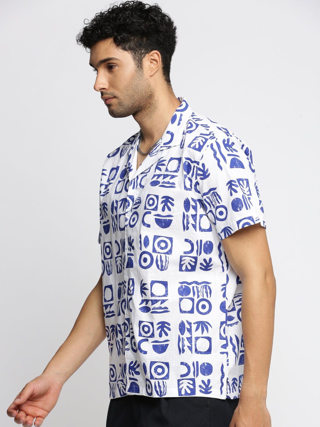 Men White Cuban Collar Geometric Shirt