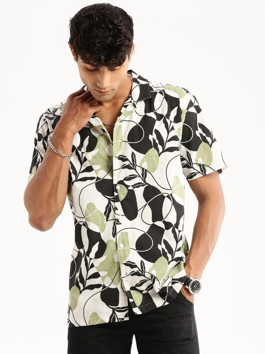 Men Black Cuban Collar Floral Shirt