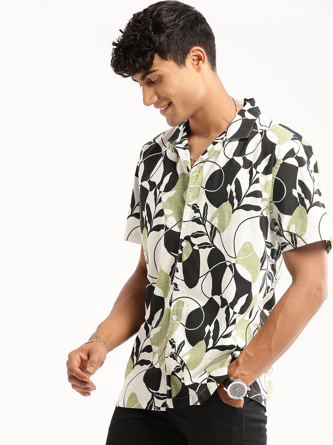 Men Black Cuban Collar Floral Shirt