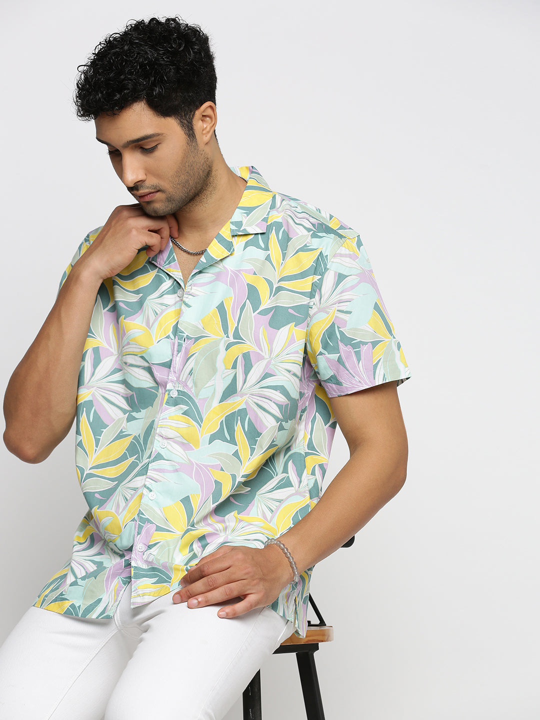 Men Sea Green Cuban Collar Floral Shirt