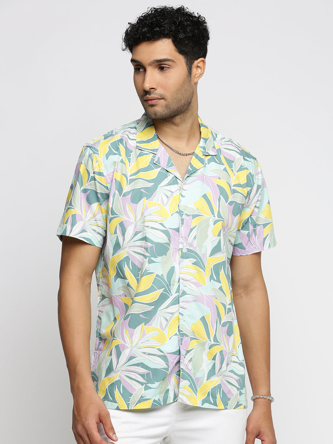 Men Sea Green Cuban Collar Floral Shirt