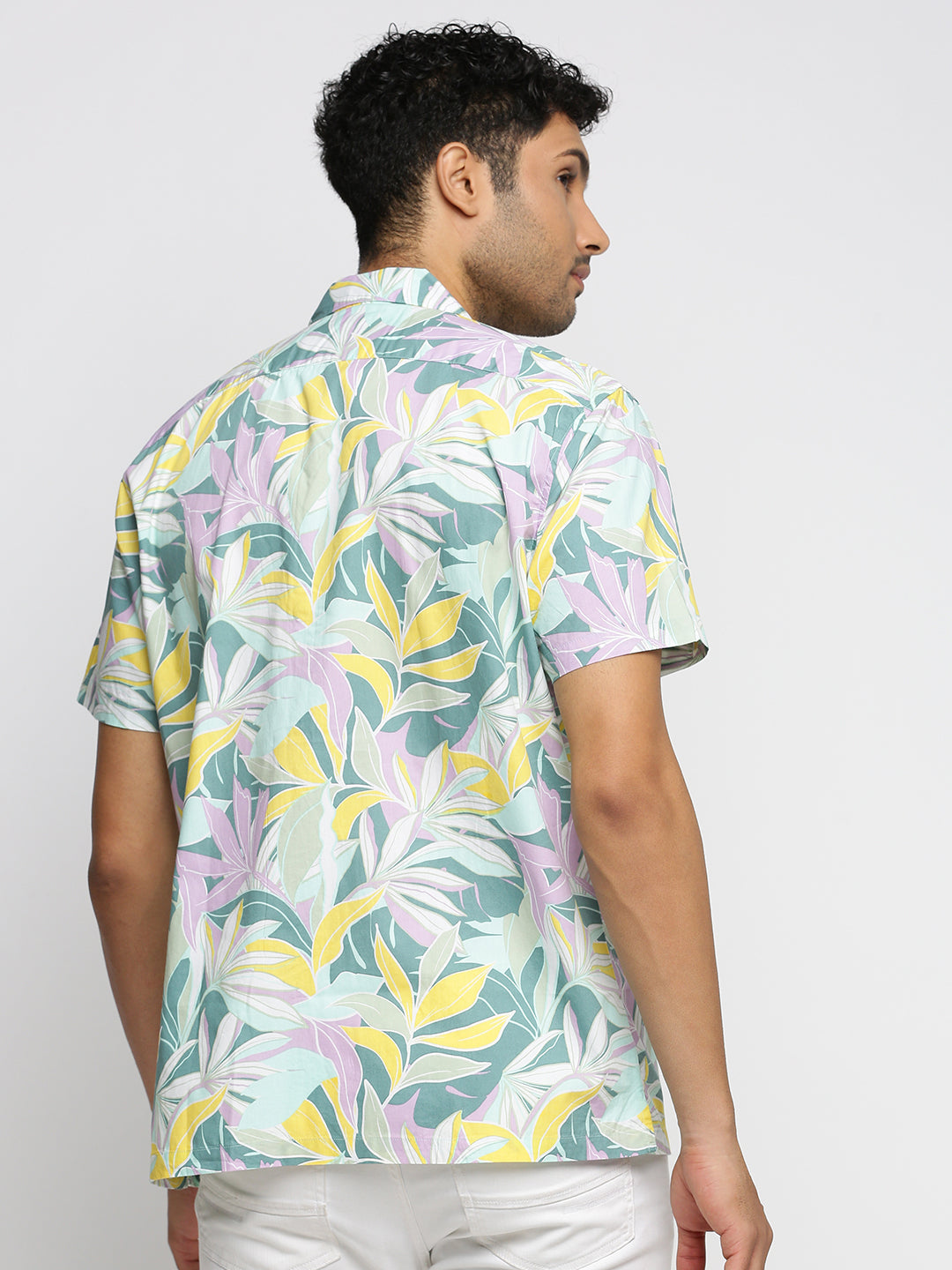 Men Sea Green Cuban Collar Floral Shirt