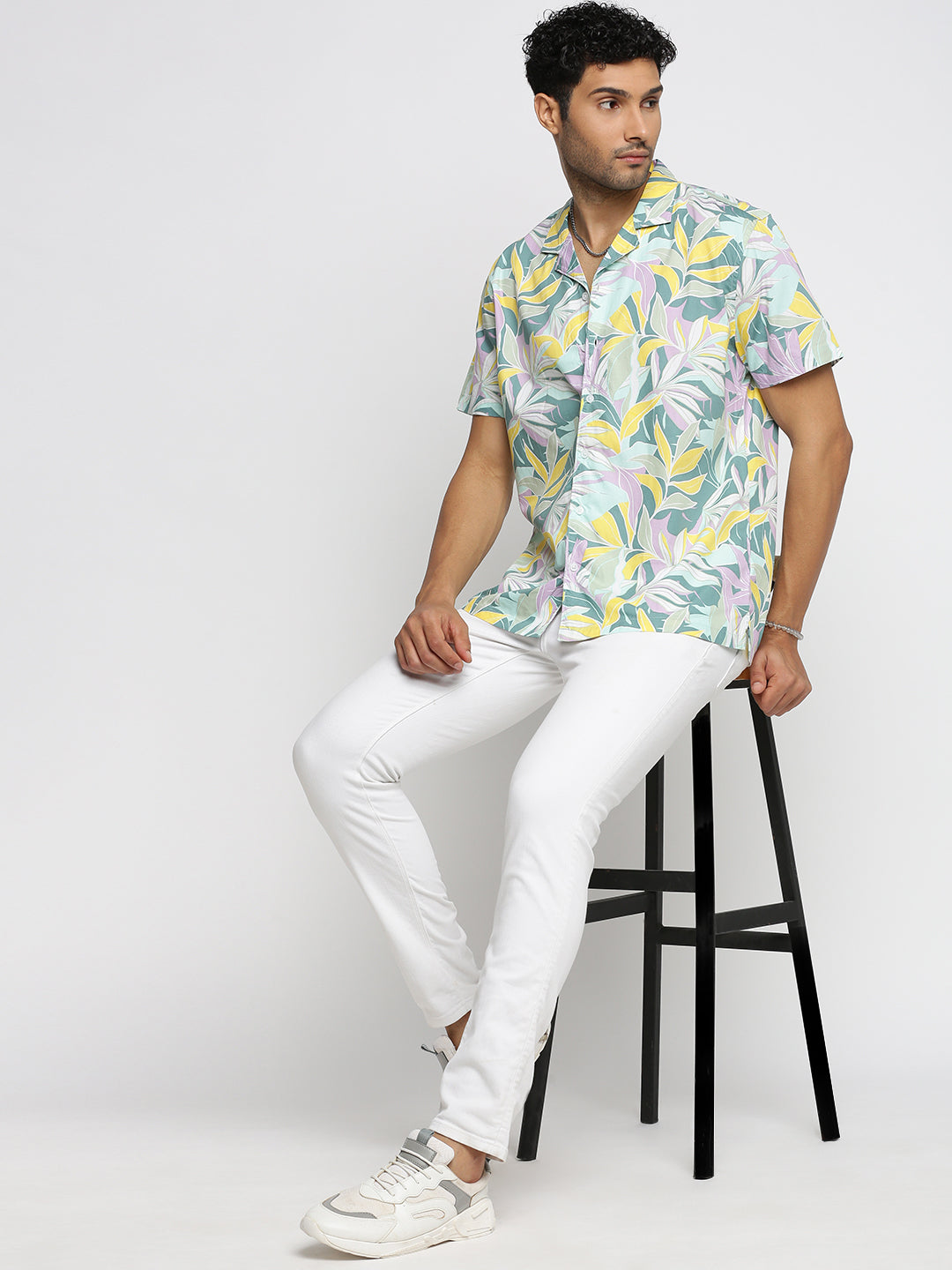 Men Sea Green Cuban Collar Floral Shirt