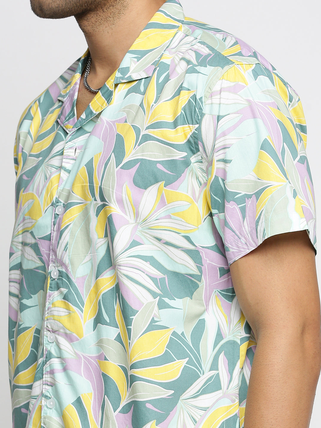 Men Sea Green Cuban Collar Floral Shirt