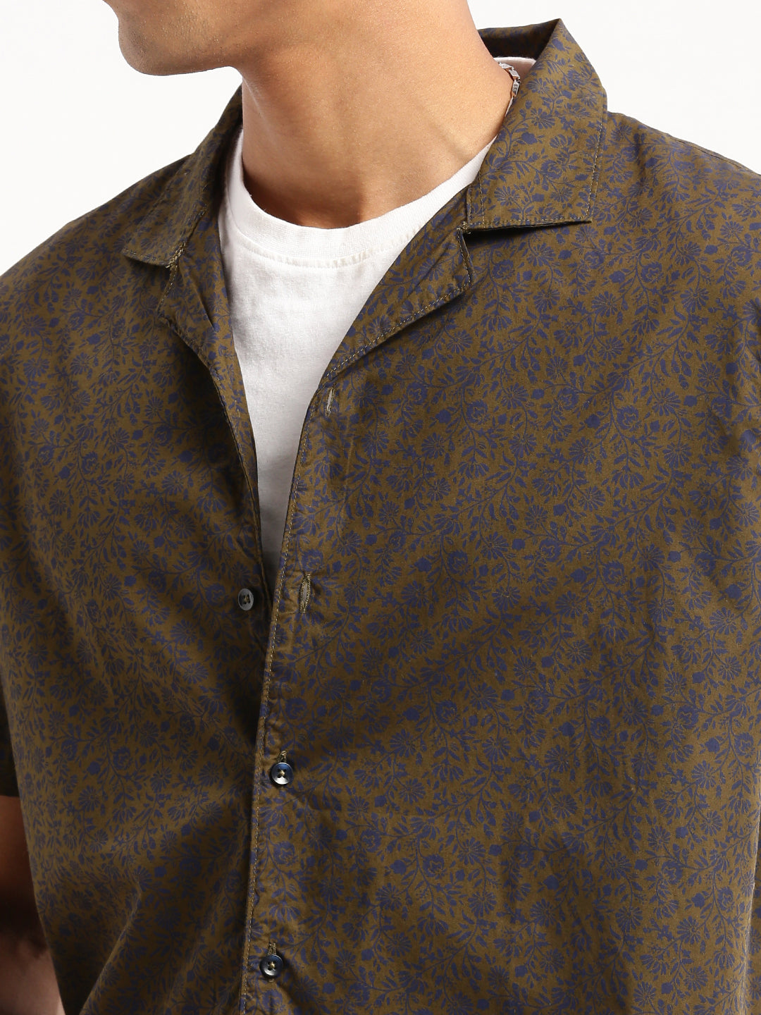 Men Olive Cuban Collar Floral Shirt