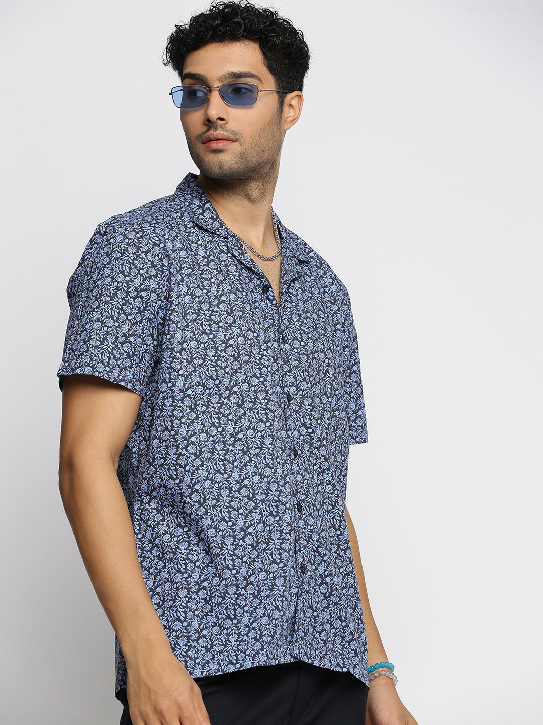 Men Blue Cuban Collar Floral Shirt