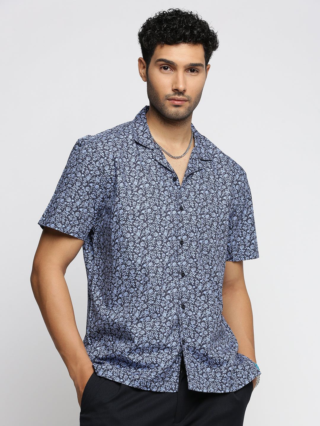 Men Blue Cuban Collar Floral Shirt