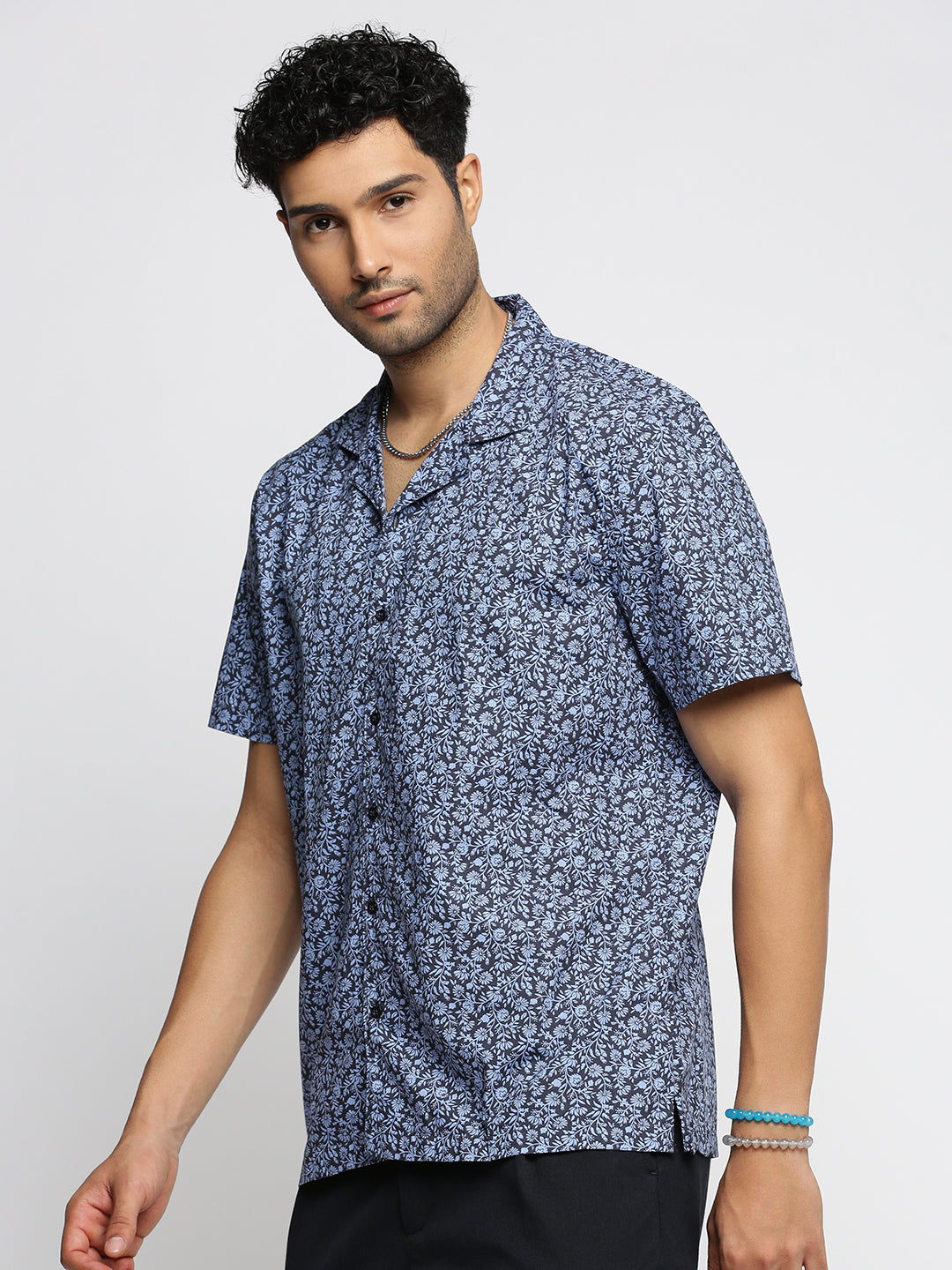 Men Blue Cuban Collar Floral Shirt