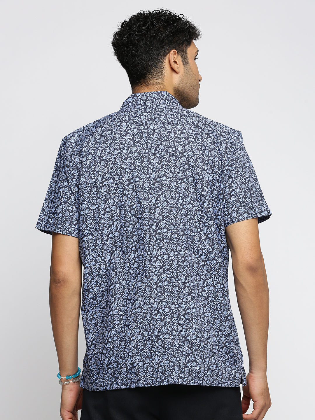 Men Blue Cuban Collar Floral Shirt