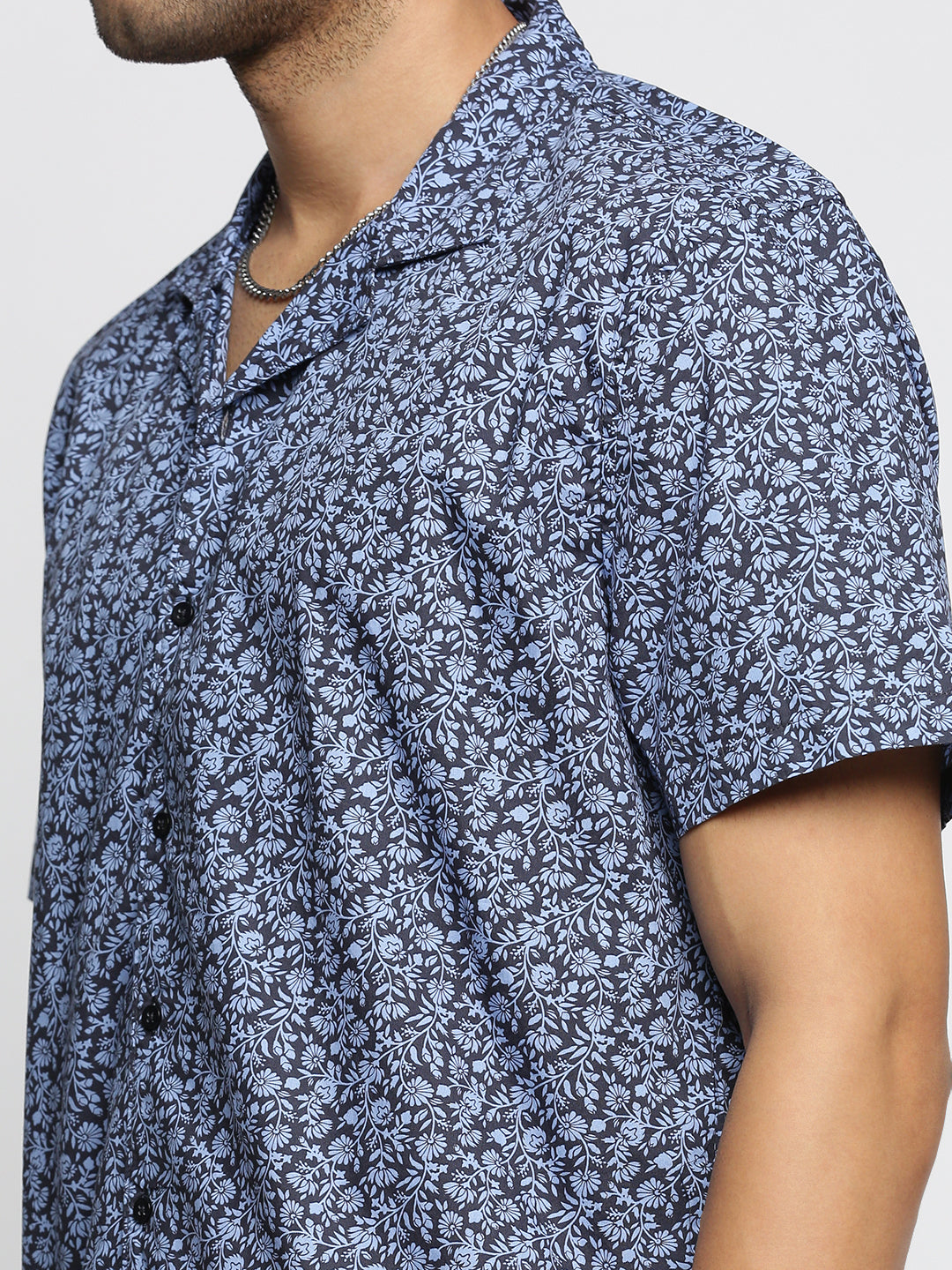 Men Blue Cuban Collar Floral Shirt