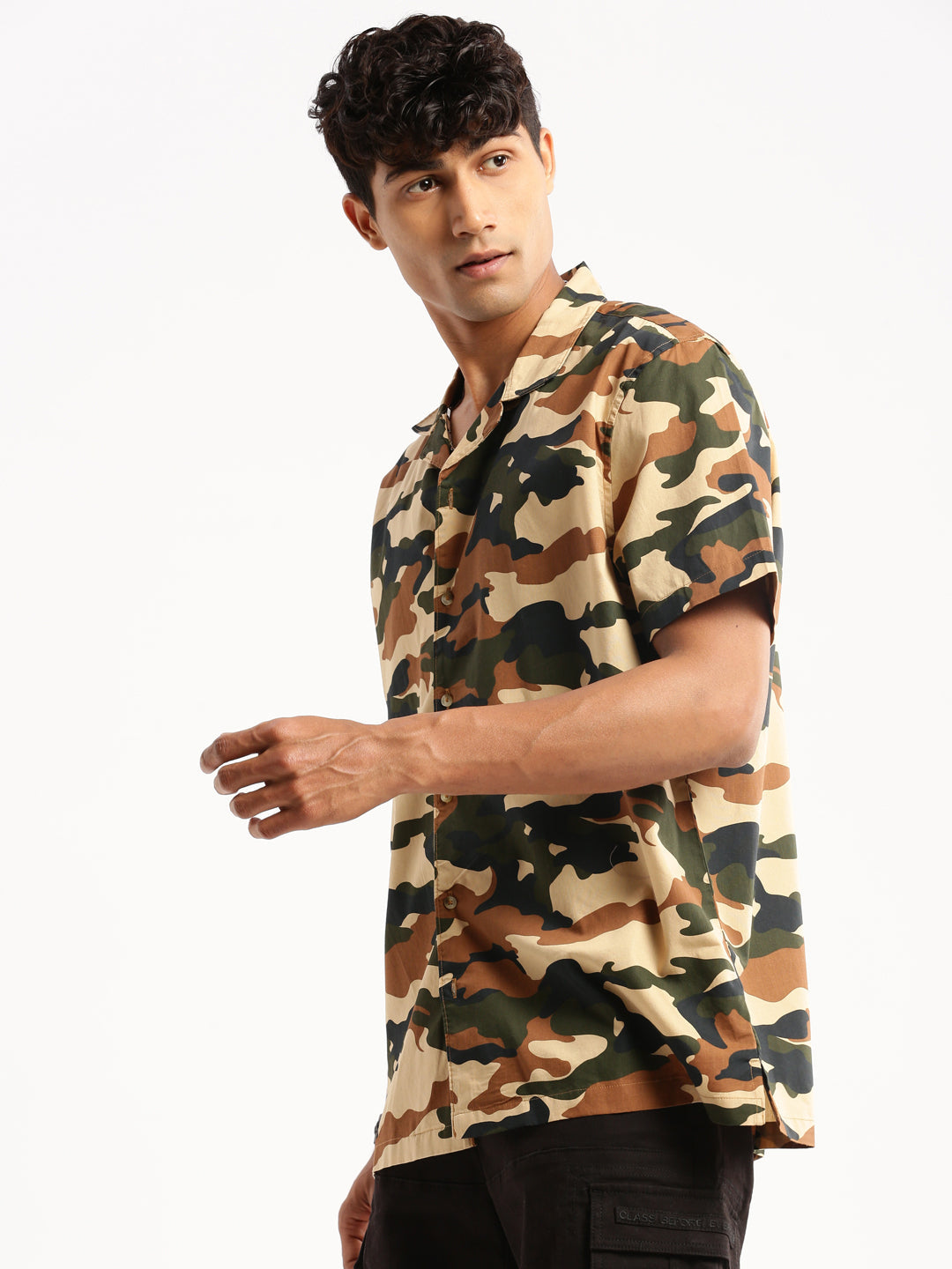 Men Olive Cuban Collar Camouflage Shirt